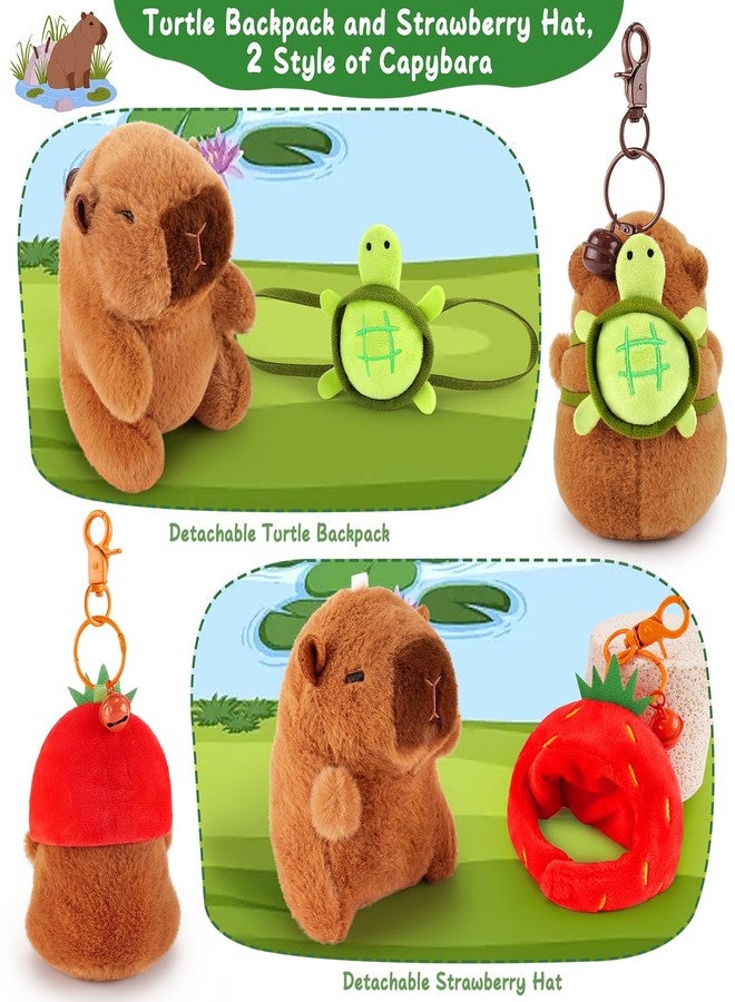 Achwishap 2PCS Capybara Plush Keychain,Cute Keychain Capybara Stuffed Animal,Soft Capybara Plush Toys Key Chain,Kawaii Plushie Stuffed Toys for Kid Birthday Gift Adult Valentine(Turtle,Strawberry Hat) - Image 4